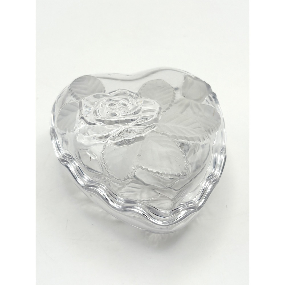 Vintage Home Beautiful Clear Crystal Heart Trinket Box Lidded Rose Japan